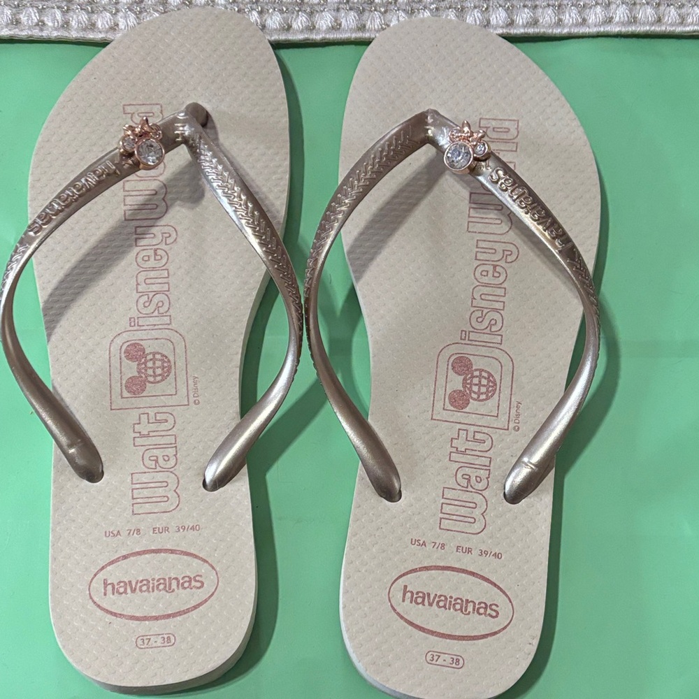 Havaianas Beige Flip Flops with Rose Gold Straps and Crystal Charm